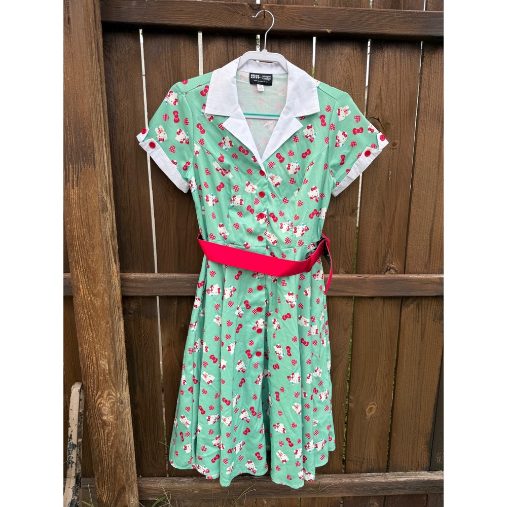 Unique Vintage x Hello Kitty Mint Green Swing Dress Retro Sanrio Midi Belted M - Picture 2 of 10